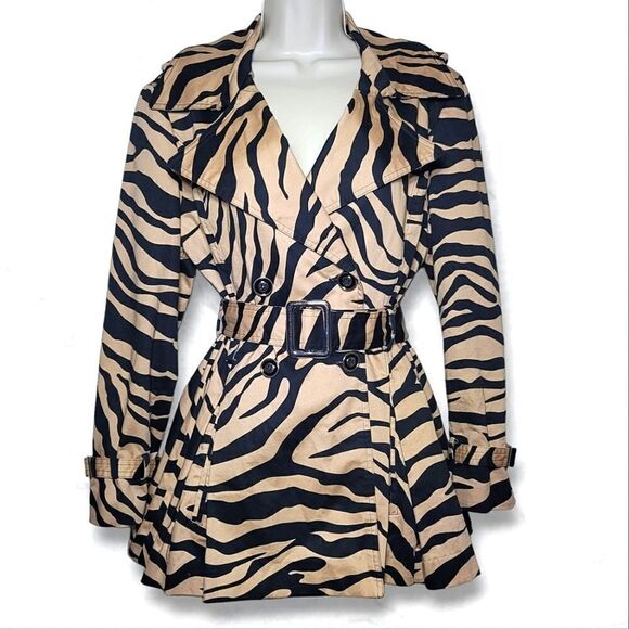 Luciano Dantè Zebra Belted Pea Coat Double Breasted Fit & Flare Pleated Jacket - Picture 3 of 8
